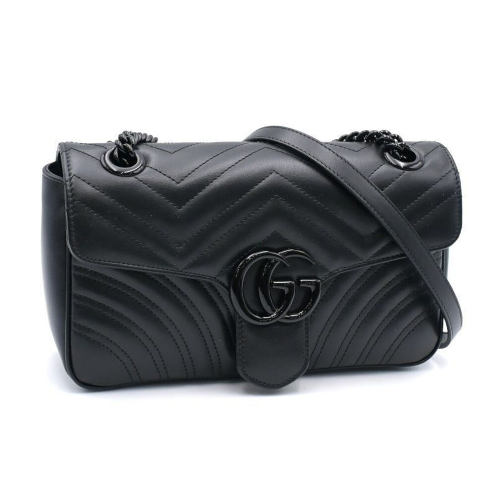 Gucci GG Marmont Quilted Chevron Leather Double GG Chain Shoulder Bag Black